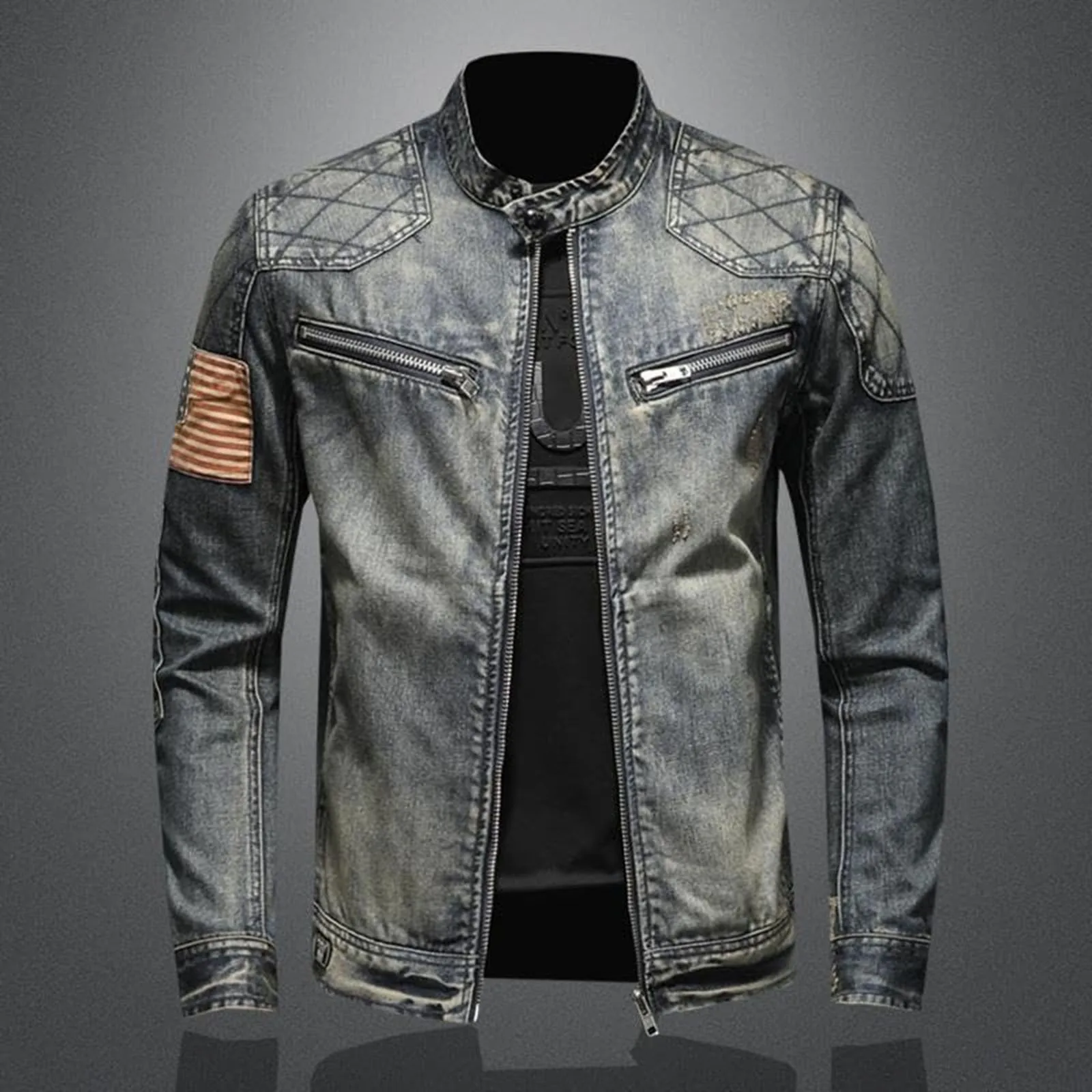 Men'S Shoes For Jeans - Jaket Denim Vintage Dengan Ritsleting Berdiri